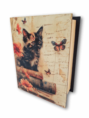 piękne dekoracyjne pudełko z szylkretowym kotkiem i książkami w jesiennym klimacie dla miłośniczki czytania i kotów