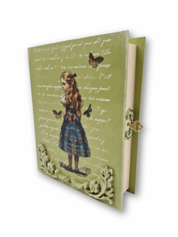 szkatułka w kolorze oliwkowym w kształcie książki z motywem dziewczynki Alicji z krainy czarów na prezent dla dziewczynki, kobiety, mamy