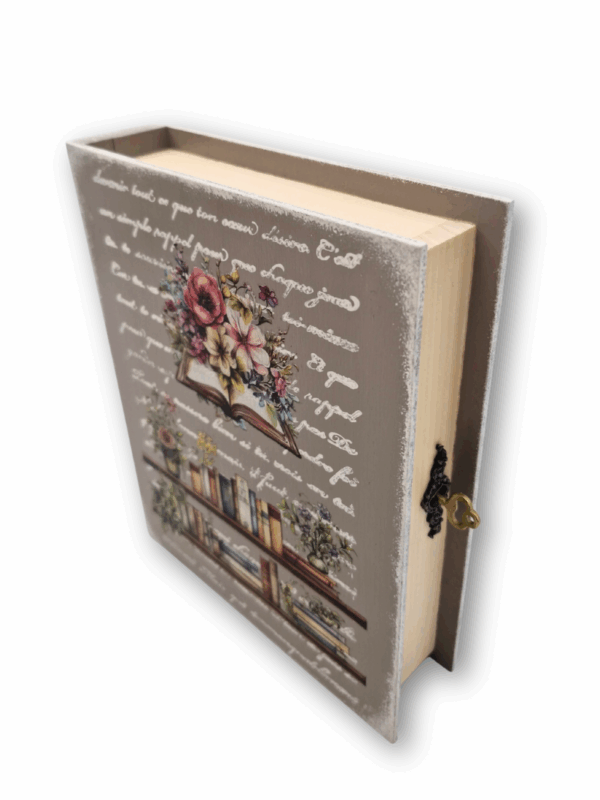 szkatułka puzderko zamykane na kluczyk ręcznie malowane z motywem półki z książkami odręcznego pisma