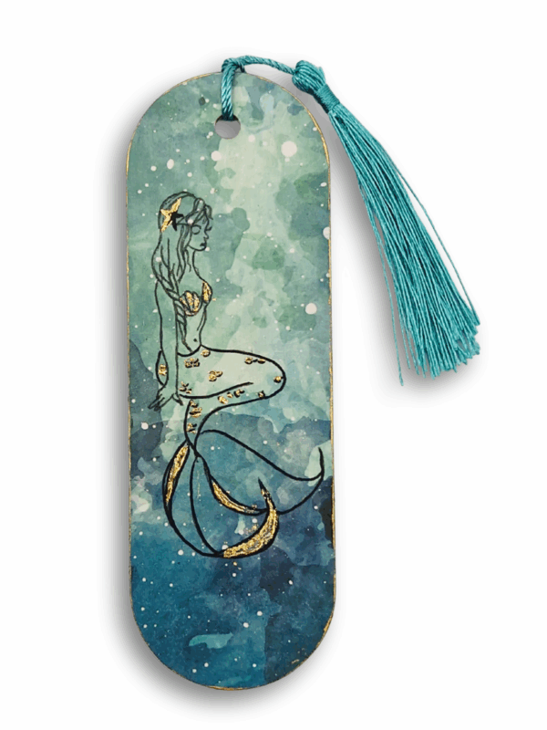 zakładka drewniana do książki ręcznie wykonana turkusowa z motywem syreny złocona