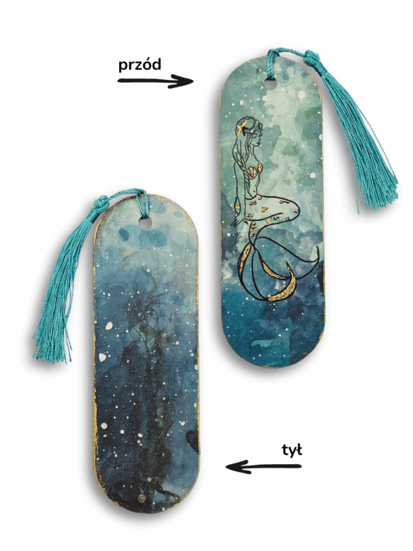 zakładka do książki handmade turkusowo złota z motywem syreny idealna na prezent dla małej czytelniczki