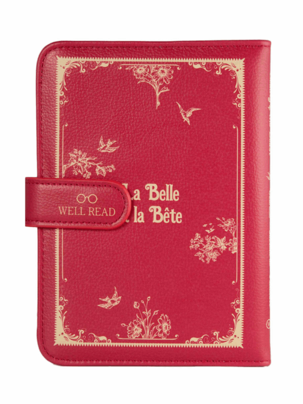 czerwone etui na czytnik ebooków w formie książki piękna i bestia