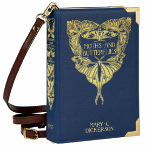 torebka w kształcie książki z motywem motyli i ciem granatowo złota