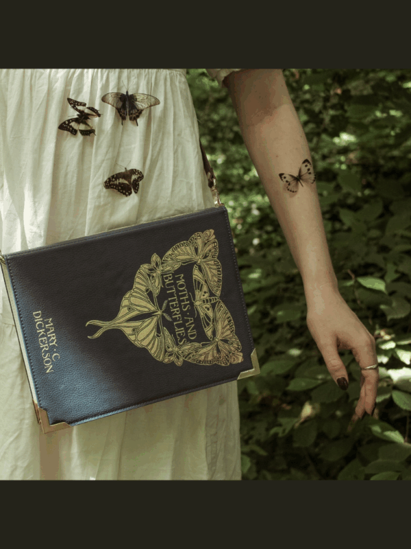 granatowo-złota torebka na ramię w kształcie książki moths and butterflies