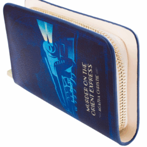 Portfel granatowy zamykany na zamek z okładką ksiązki Aghaty Chritie Morderstwo w Orient Expressie z ekologicznej skóry