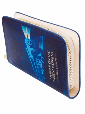 Portfel granatowy zamykany na zamek z okładką ksiązki Aghaty Chritie Morderstwo w Orient Expressie z ekologicznej skóry