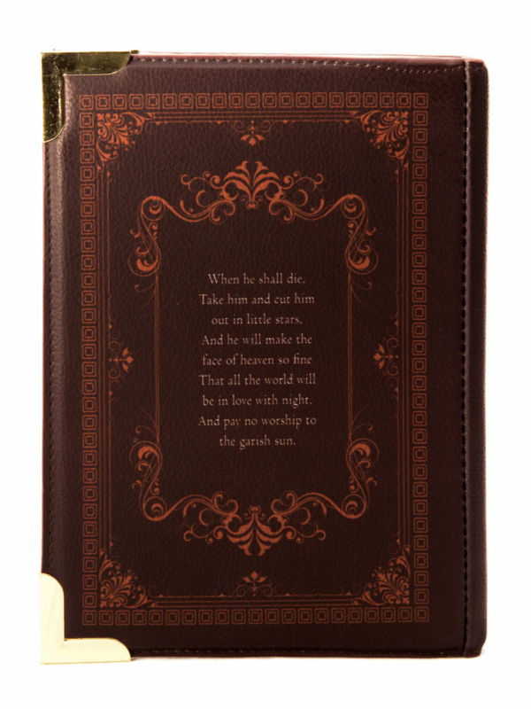 torebka w kształcie książki z cytatem z Romeo i Julia brązowa na cienkim pasku