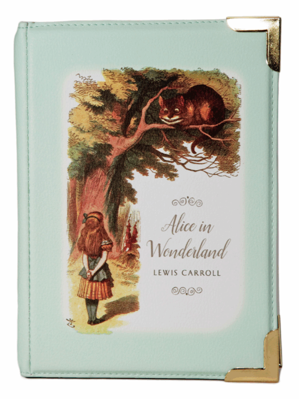 torebka w kształcie książki z okładką Alicja w Krainie Czarów torebka w kolorze miętowym jasnoturkusowym