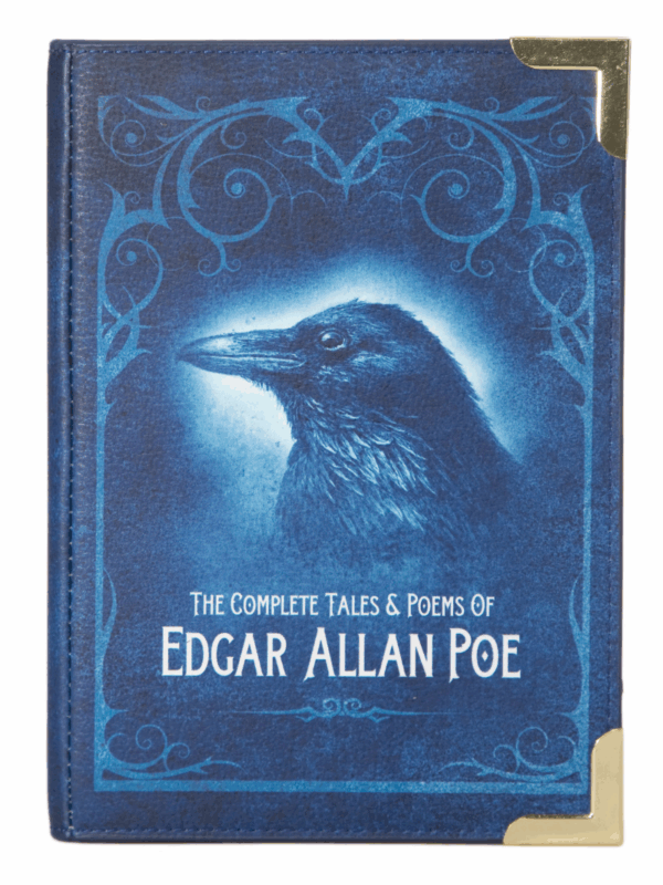 torebka w kolorze granatowym w kształcie książki edgar allan poe prezent dla miłośniczki czytania gotyku i edgara allana poe