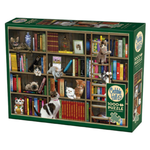 puzzle z motywem książek i kotów półki z książkami puzzle marki cobble hill bibliotekarze