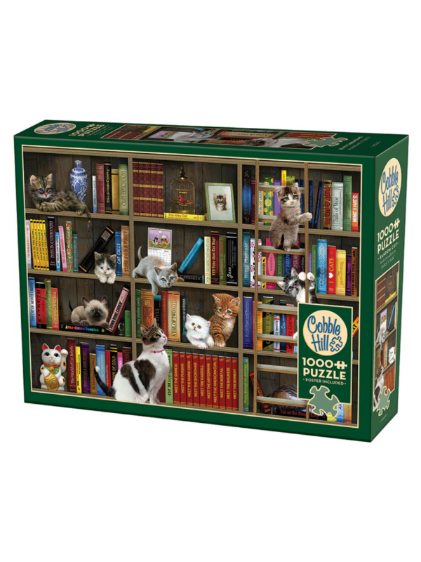 puzzle z motywem książek i kotów półki z książkami puzzle marki cobble hill bibliotekarze
