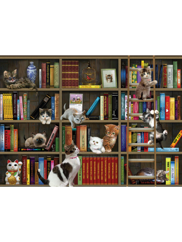 puzzle bibliotekarze z motywem regału pełnego książek i kotów prezent dla miłośnika książek i kotów