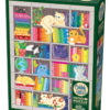 puzzle książkowe cobble hill, książki i koty, kolorowy obrazek z ksiażkami i kotami