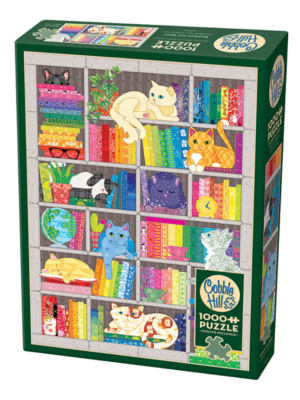 puzzle książkowe cobble hill, książki i koty, kolorowy obrazek z ksiażkami i kotami