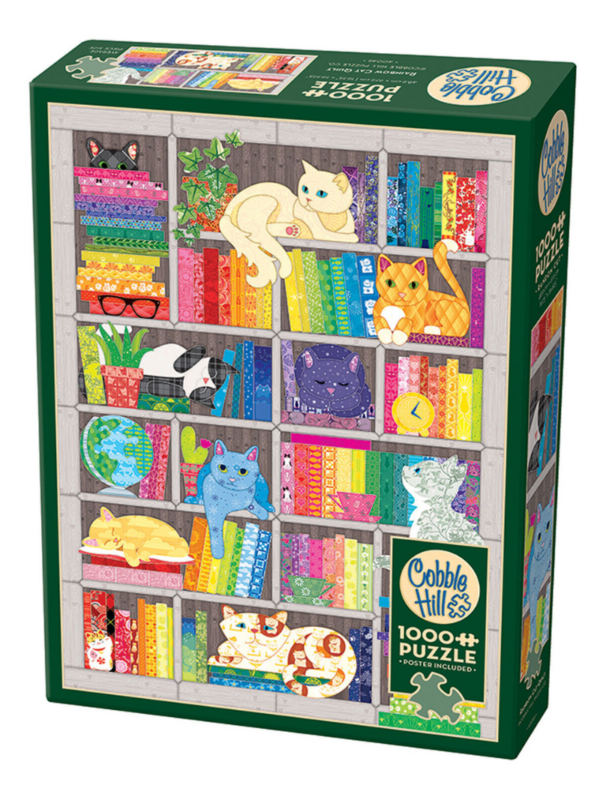 puzzle książkowe cobble hill, książki i koty, kolorowy obrazek z ksiażkami i kotami