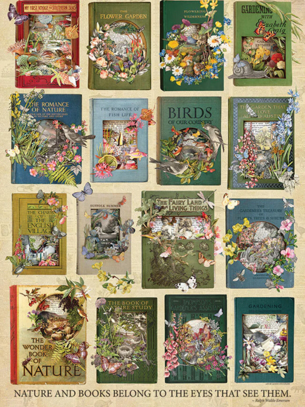 okładki książek przyrodniczych w formie puzzli do ułożenia. 1000 elementów marki Cobble Hill wysokiej jakości puzzle na prezent