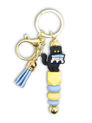 bag charm breloczek pastelowy zabawny z kotem i książkami na prezent dla kociary i książkary