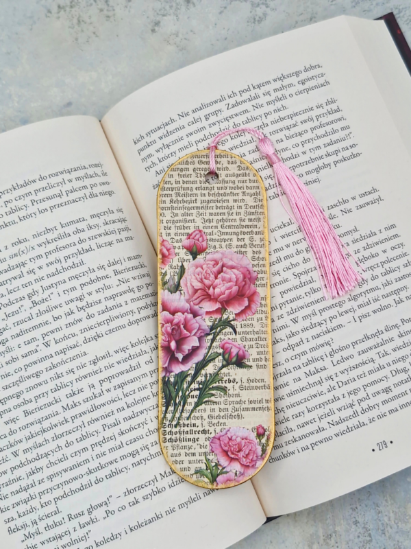 zakładka do książki handmade różowe goździki kwiatowa