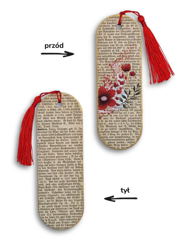 zakładka drewniana handmade rękodzieło z czerwonymi kwiatami