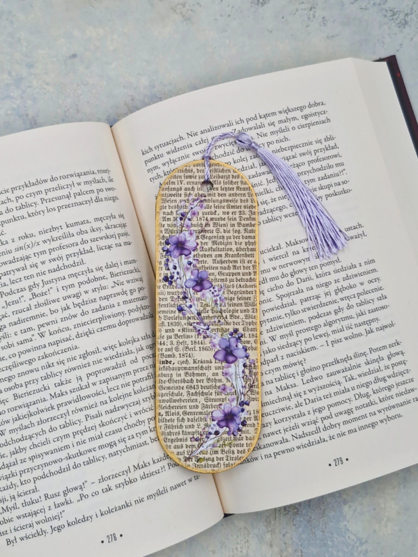 zakładka drewniana fiołki fioletowe hand made