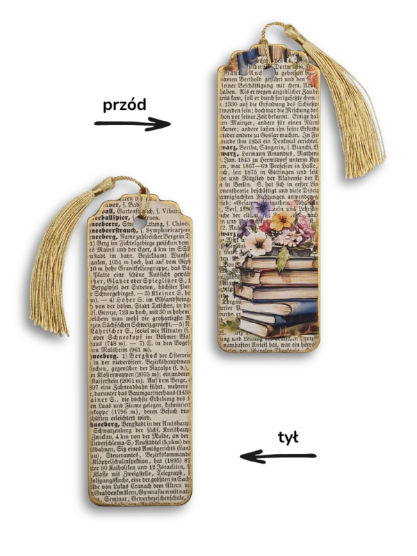 zakładka do książki z chwostem w stylu vintage z motywem stosu książek i kwiatów