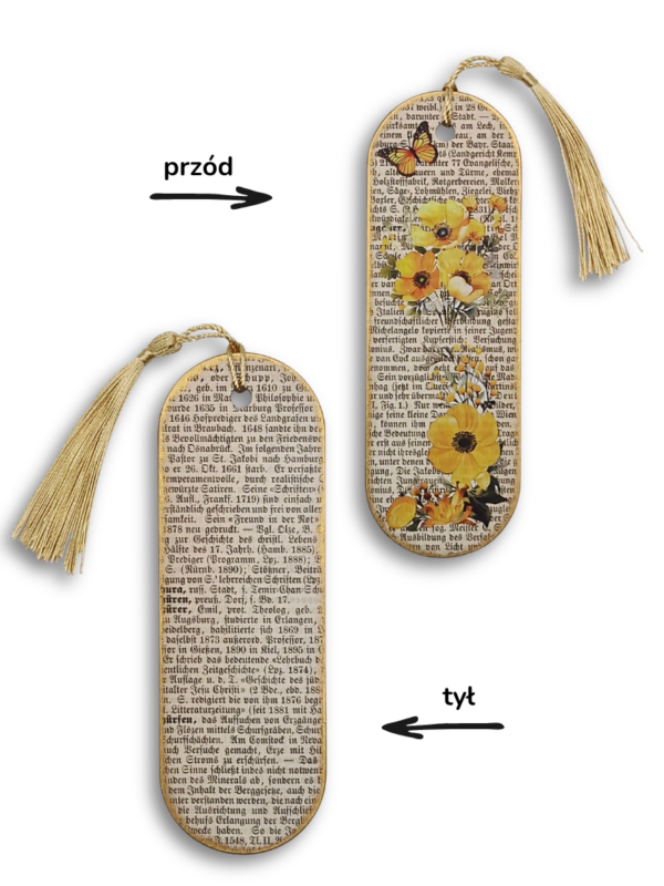 zakładka vintage do książki z motywem starej książki i żółych kwiatów z motylem handmade