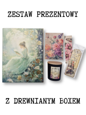 zestaw_prezentowy_czytająca_w_ogrodzie_01 zestaw prezentowy dla miłośniczki książek i czytania z drewnianym boxem, świecą sojową, zakładkami i kartką na życzenia
