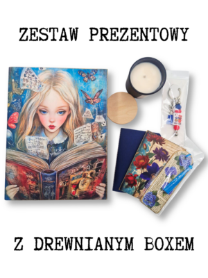 zestaw_prezentowy_dziewczynka_w_krainie_czarów_01 zestaw prezentowy dla fanki alicji w krainie czarów i książek, ze świecą sojową, breloczkiem, zakładkami i notesikiem