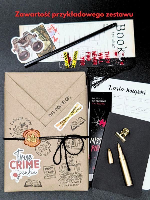przykładowa zawartość zestawu mystery book jesień z kryminałem od book gap