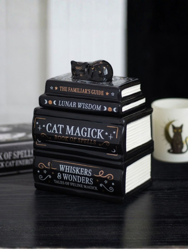 kominek_zapachowy_kot_i_książki_02 czarny kominek do zapachowy do olejków podgrzewacz do olejków stos książek z kotem prezent dla miłośników książek