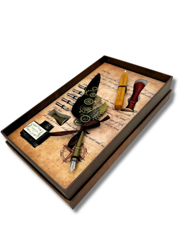zestaw_do_kaligrafii_steampunk_03 Zestaw do kaligrafii z czarnym piórem, pieczęcią i 6 stalówkami