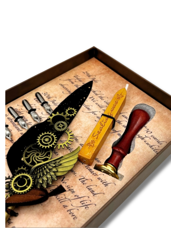 zestaw_do_kaligrafii_steampunk_05 Zestaw do kaligrafii z czarnym piórem, pieczęcią i 6 stalówkami