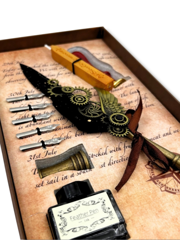 zestaw_do_kaligrafii_steampunk_06 pełny zestaw do pisania listów z piórem i stemplem do lakowania pieczęci