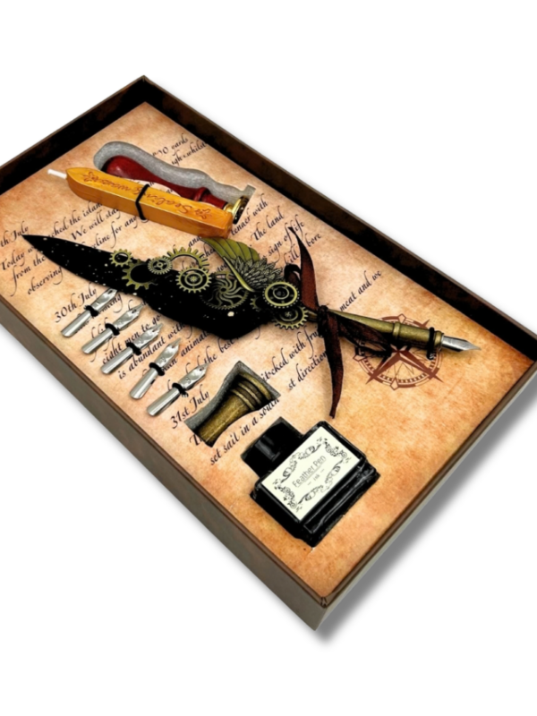 zestaw_do_kaligrafii_steampunk_07 pióro gęsie do pisania z podstawką tuszem lakiem i pieczęcią