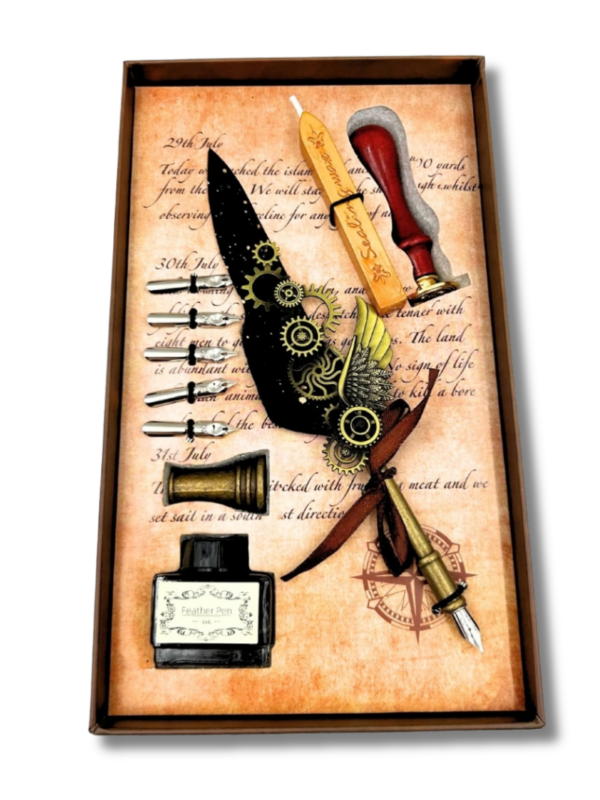 zestaw_do_kaligrafii_steampunk_08 zestaw do stemplowania i pisania listów steampunk pióro gęsie